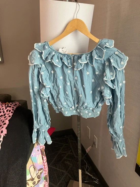 Anthropologie Hannah Lynn chambray embroidered smocked crop top longslv blouse - Picture 5 of 12